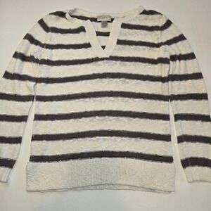 Ann Taylor Loft Gray and White Striped V-Neck Knit Sweater Women's Size‎ Small